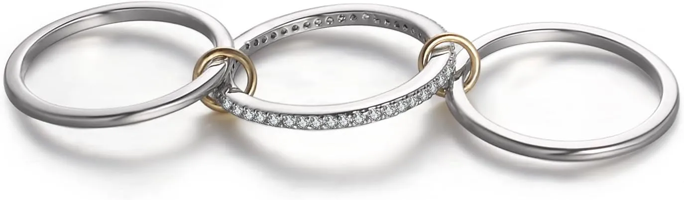 Silver Gold Stackable Rings for Women Non Tarnish, Two Tone Rings for Women Dainty Bands, 18k Gold Plated 3 Rings Set with CZ Cubic Zirconia Band for Casual to Formal Occasions