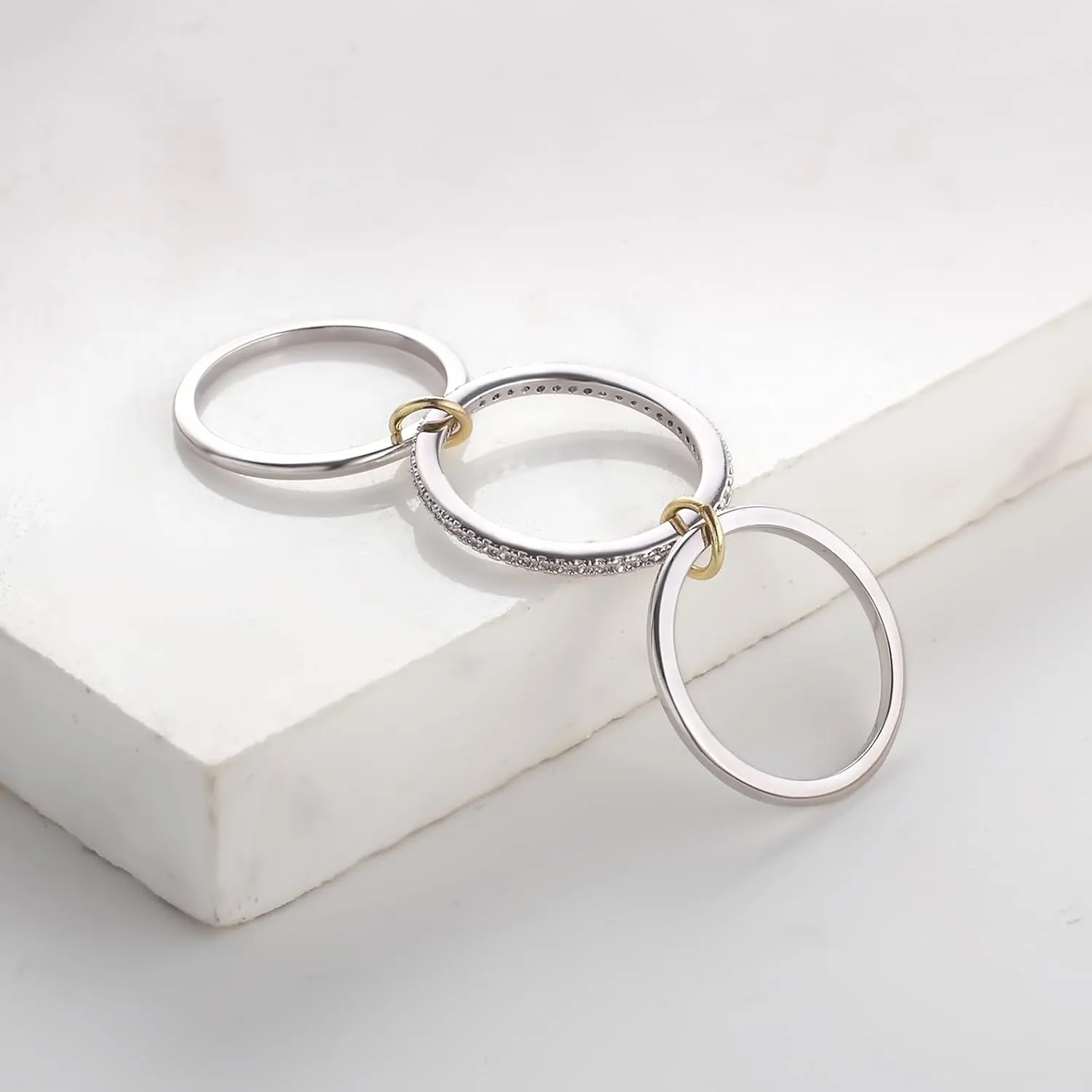 Silver Gold Stackable Rings for Women Non Tarnish, Two Tone Rings for Women Dainty Bands, 18k Gold Plated 3 Rings Set with CZ Cubic Zirconia Band for Casual to Formal Occasions