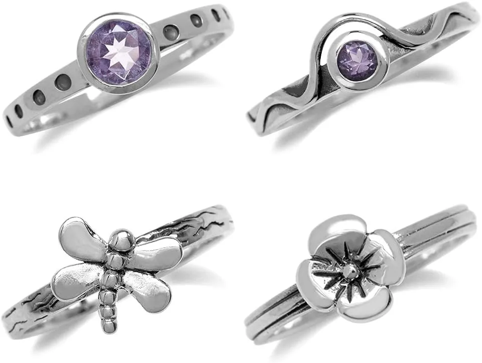 Silvershake Set of 4 Round Shape Gemstone Antique Finishing or Yellow Gold Plated 925 Sterling Silver Dragonfly and Flower Stackable Rings Jewelry for Women Multiple way of Wear