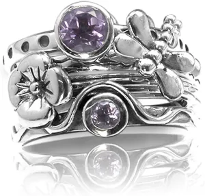 Silvershake Set of 4 Round Shape Gemstone Antique Finishing or Yellow Gold Plated 925 Sterling Silver Dragonfly and Flower Stackable Rings Jewelry for Women Multiple way of Wear