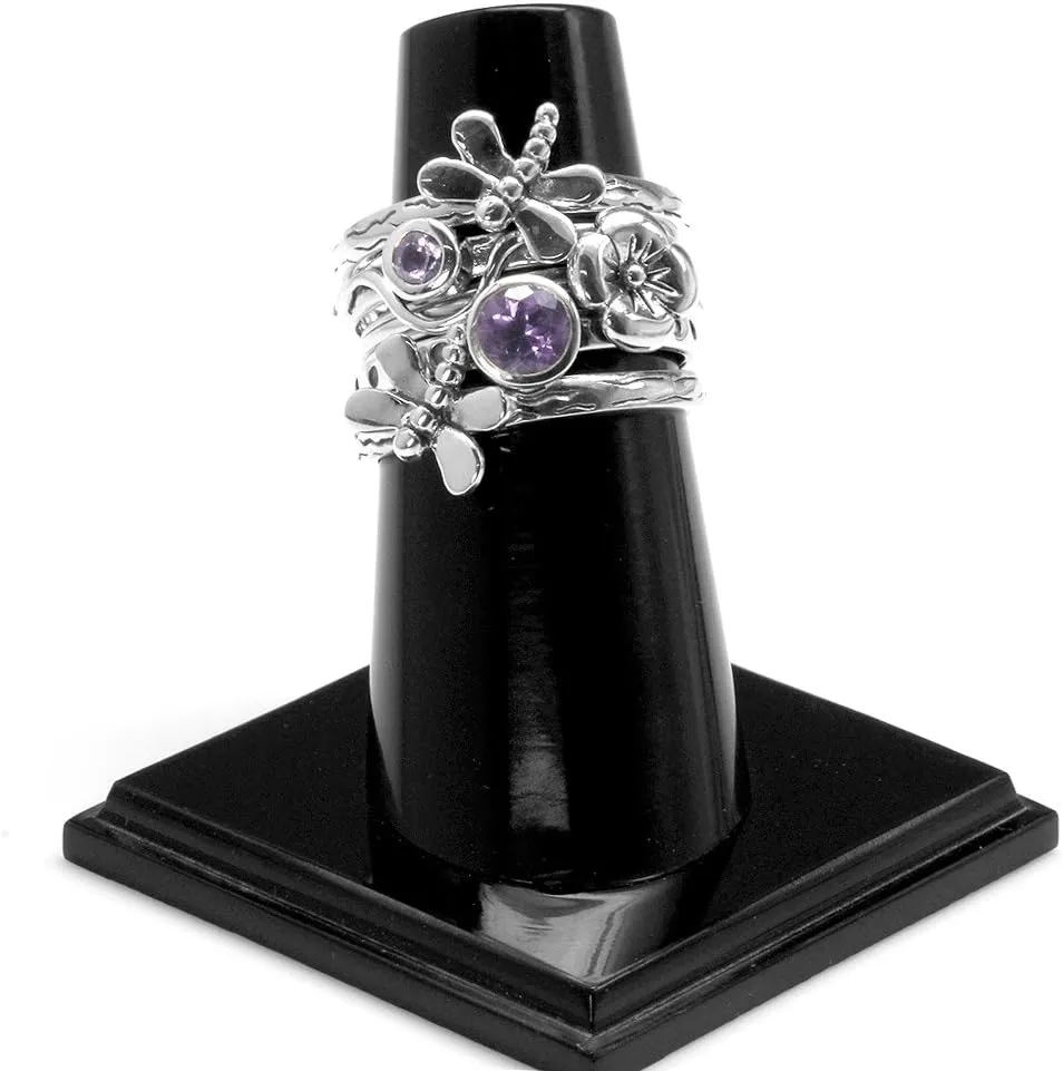 Silvershake Set of 4 Round Shape Gemstone Antique Finishing or Yellow Gold Plated 925 Sterling Silver Dragonfly and Flower Stackable Rings Jewelry for Women Multiple way of Wear