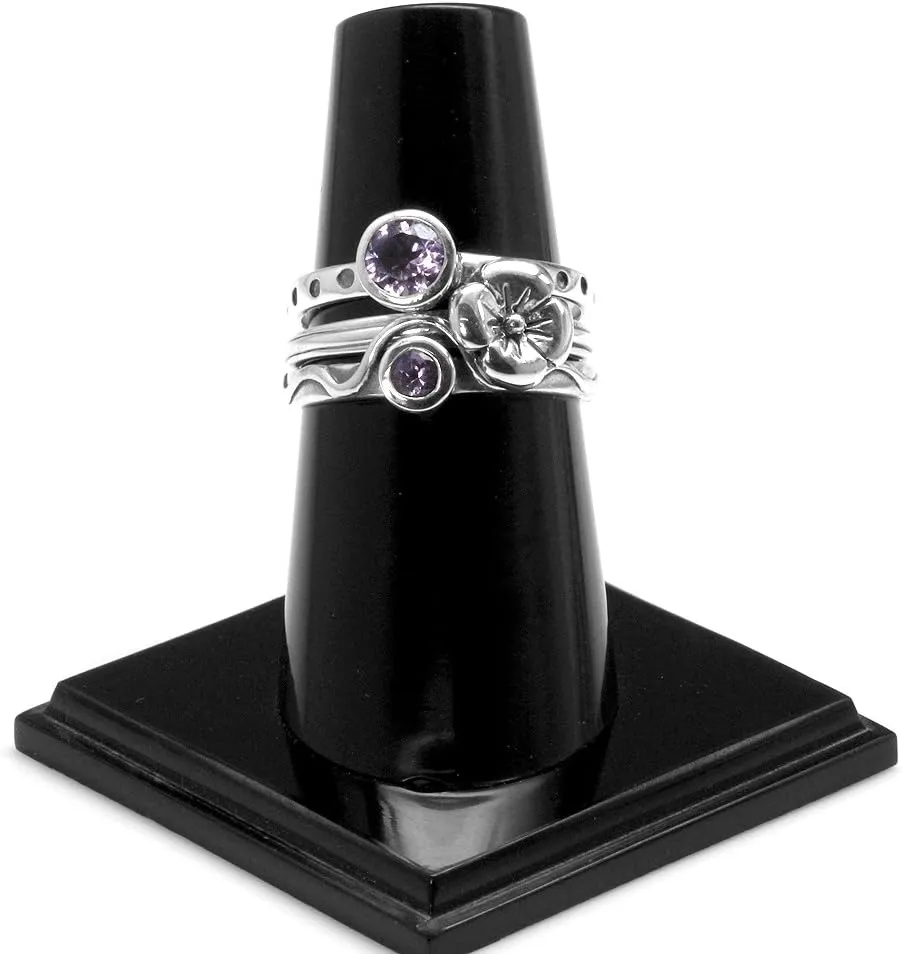 Silvershake Set of 4 Round Shape Gemstone Antique Finishing or Yellow Gold Plated 925 Sterling Silver Dragonfly and Flower Stackable Rings Jewelry for Women Multiple way of Wear