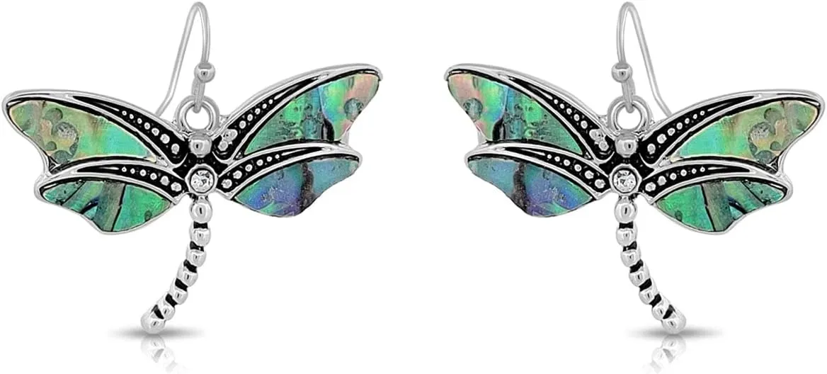 Silvertone and Abalone Dragonfly Earrings | Handmade Hypoallergenic Boho Beach Gala Wedding Style Fashion Earrings
