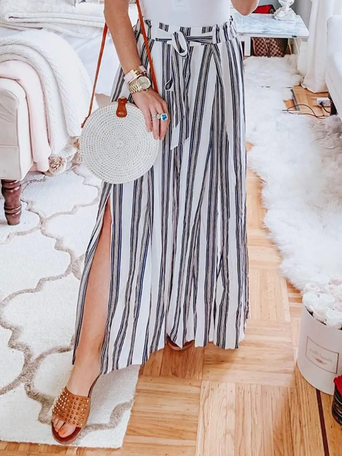 Simplee Women's Casual Split Wide Leg Pants High Waist Palazzo Flowy Beach Pants Summer Boho Lounge Pants with Pockets