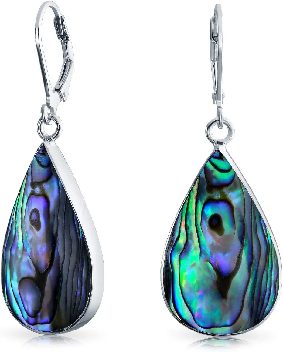 Simplistic Boho Fashion Gemstone Inlay Long Flat Teardrop Shaped Dangle Earrings Western Style For Women Teens .925 Sterling Silver Fish Hook Wire Threader