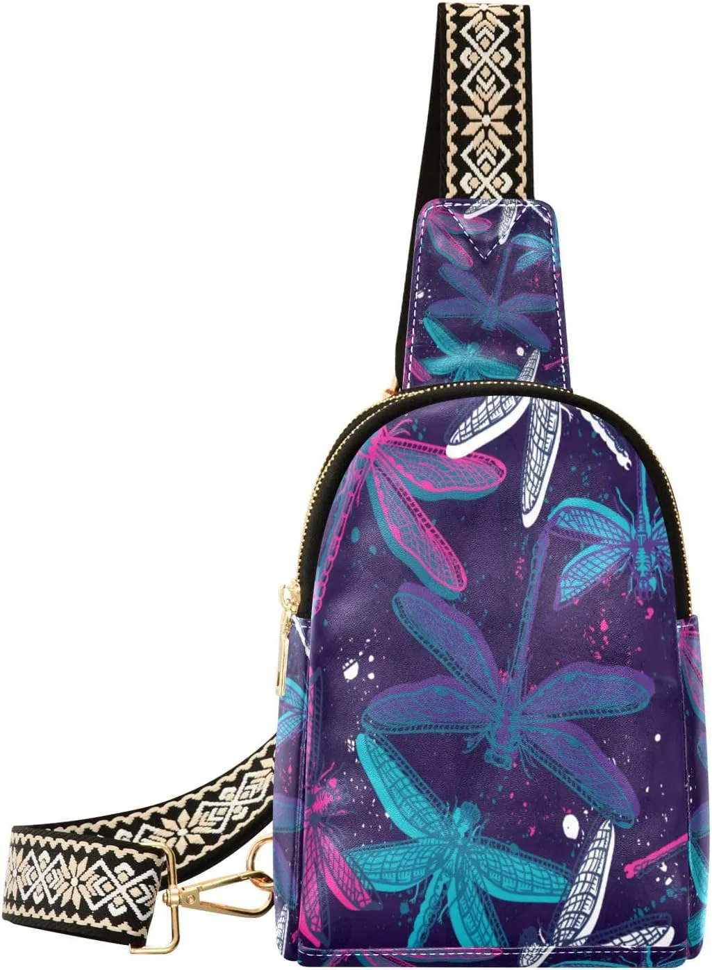 Small Sling Bag Waist Packs Leather Crossbody Packs Chest Bag Big Colorful Dragonfly for Women Travel Belt Purse