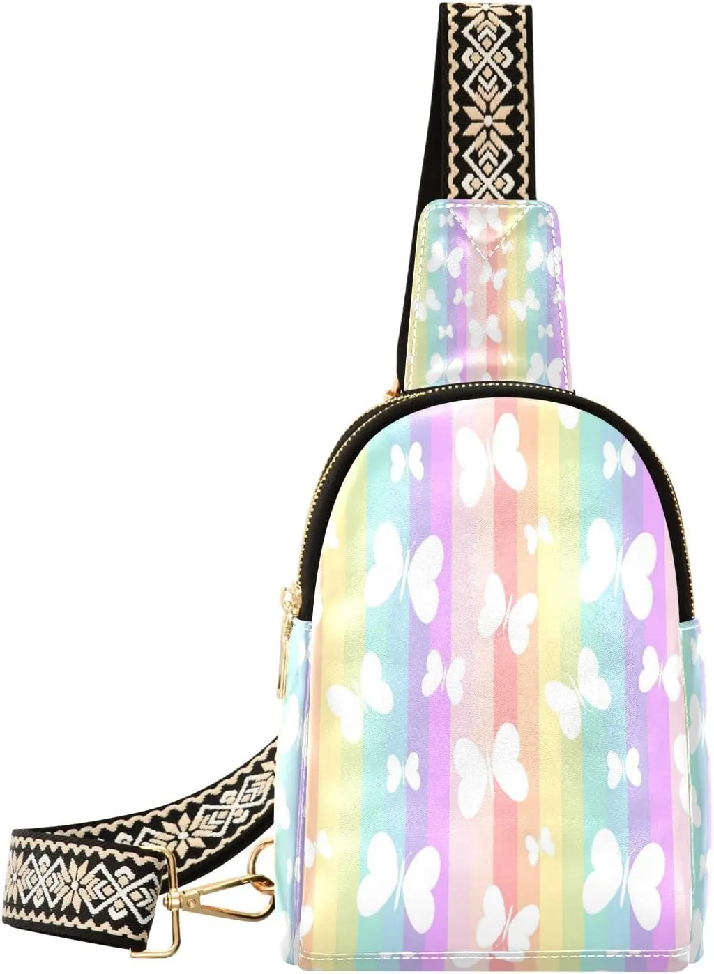 Small Sling Bag Waist Packs Leather Crossbody Packs Chest Bag Cute White Butterflies on Rainbow Stripes for Women Travel Belt Purse