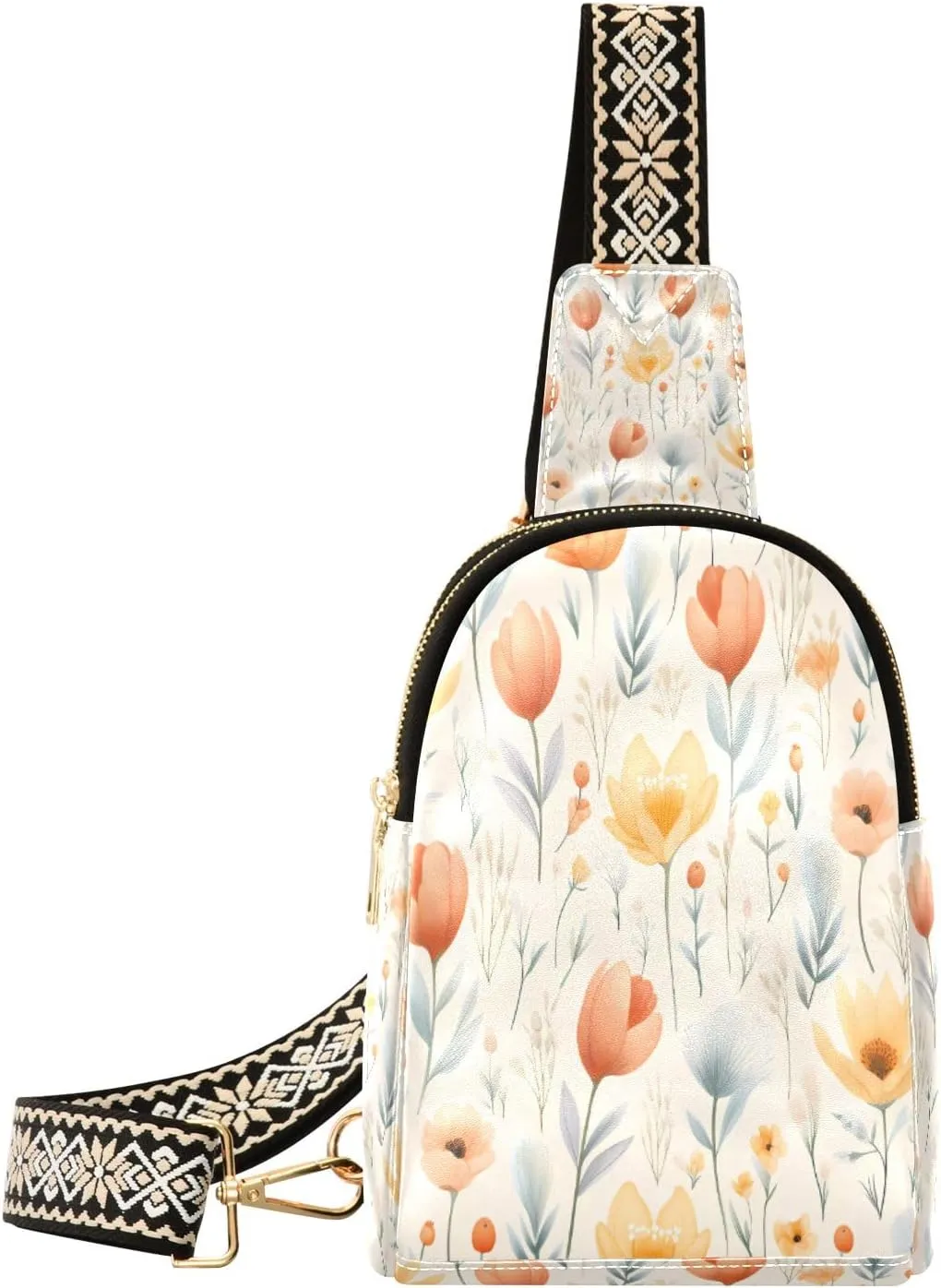 Small Sling Bag Waist Packs Leather Crossbody Packs Chest Bag Cute Yellow Grey Flower for Women Travel Belt Purse