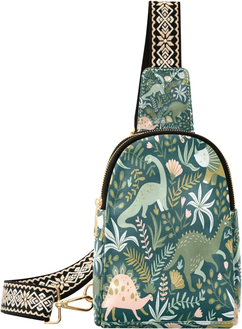 Small Sling Bag Waist Packs Leather Crossbody Packs Chest Bag Dinosaurs and Tropical Leaves for Women Travel Belt Purse