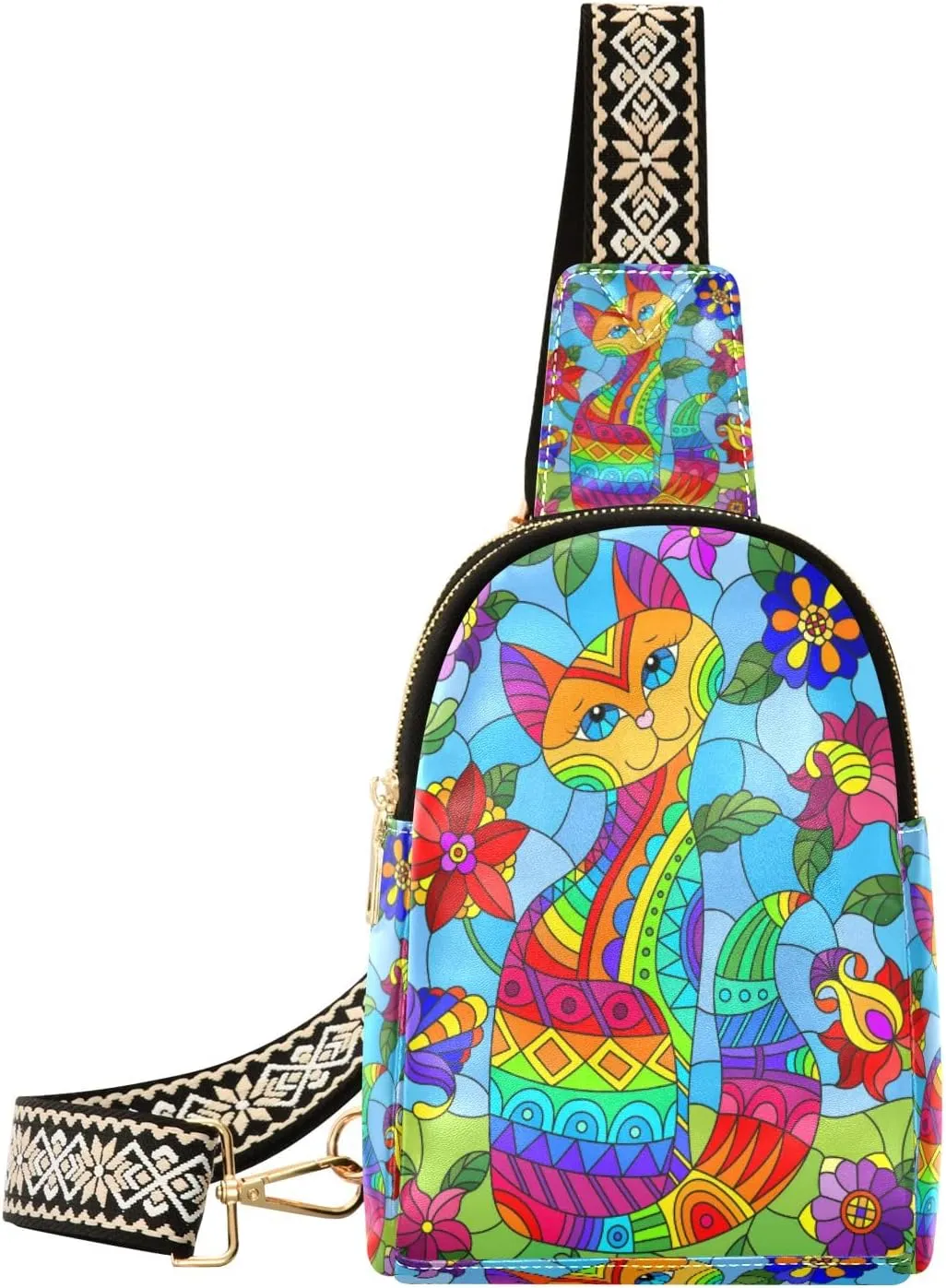 Small Sling Bag Waist Packs Leather Crossbody Packs Chest Bag Ethnic Rainbow Cute Cat for Women Travel Belt Purse
