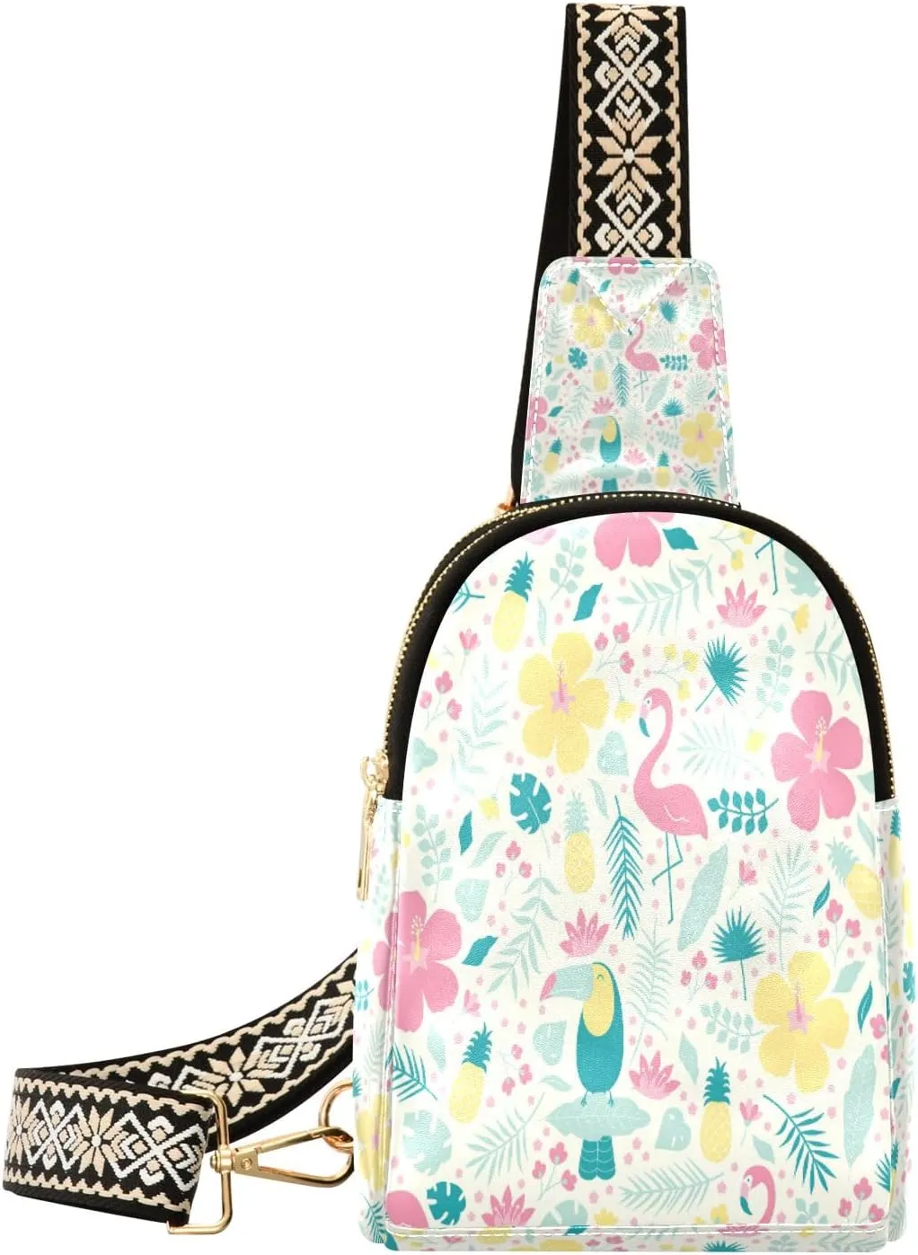 Small Sling Bag Waist Packs Leather Crossbody Packs Chest Bag Flower Flamingos for Women Travel Belt Purse