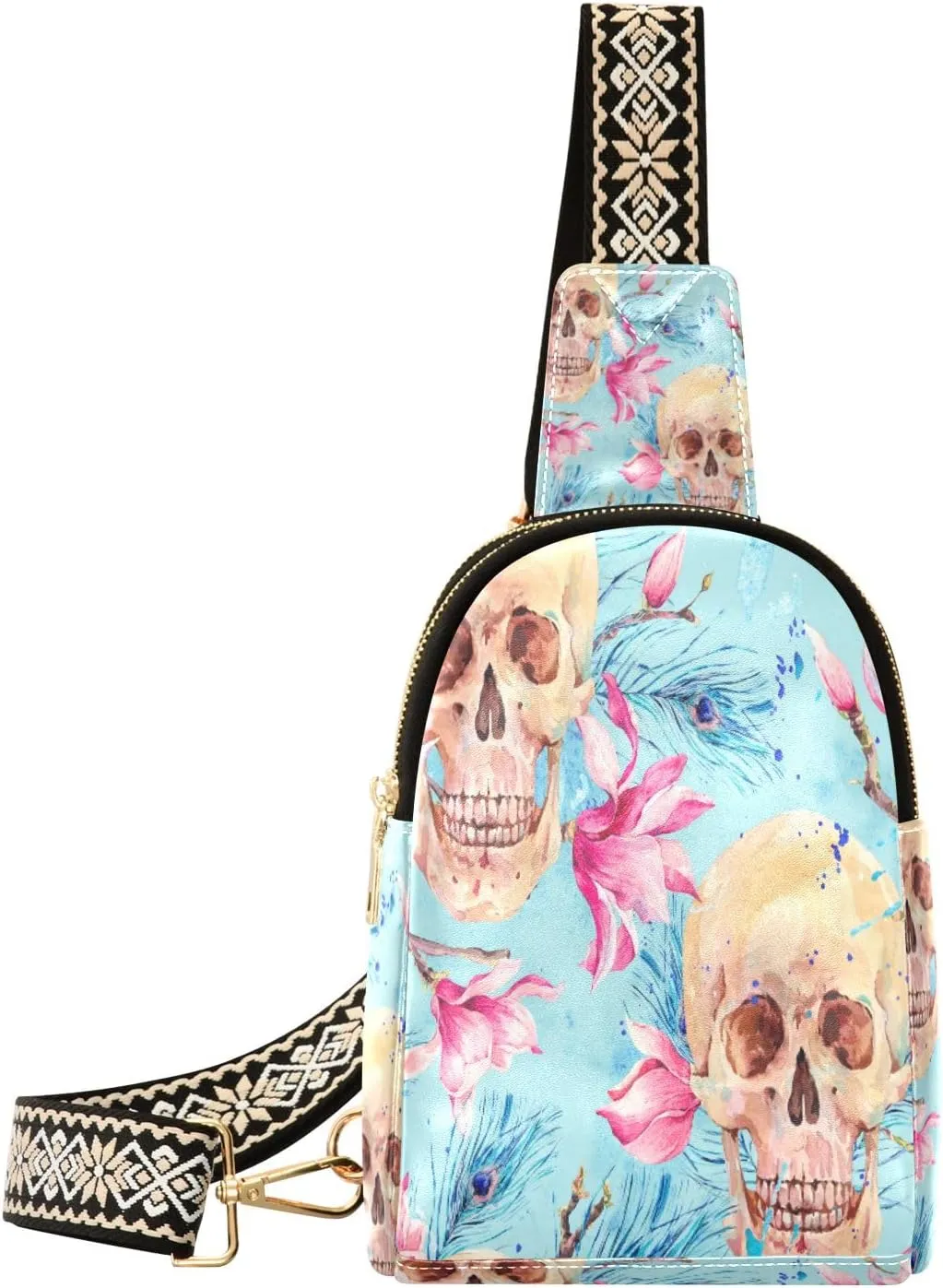 Small Sling Bag Waist Packs Leather Crossbody Packs Chest Bag Flower Peacock Feather Skull for Women Travel Belt Purse