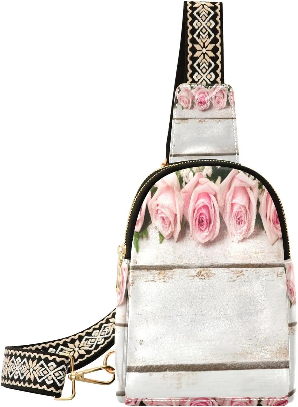 Small Sling Bag Waist Packs Leather Crossbody Packs Chest Bag Gery Board Pink Rose for Women Travel Belt Purse