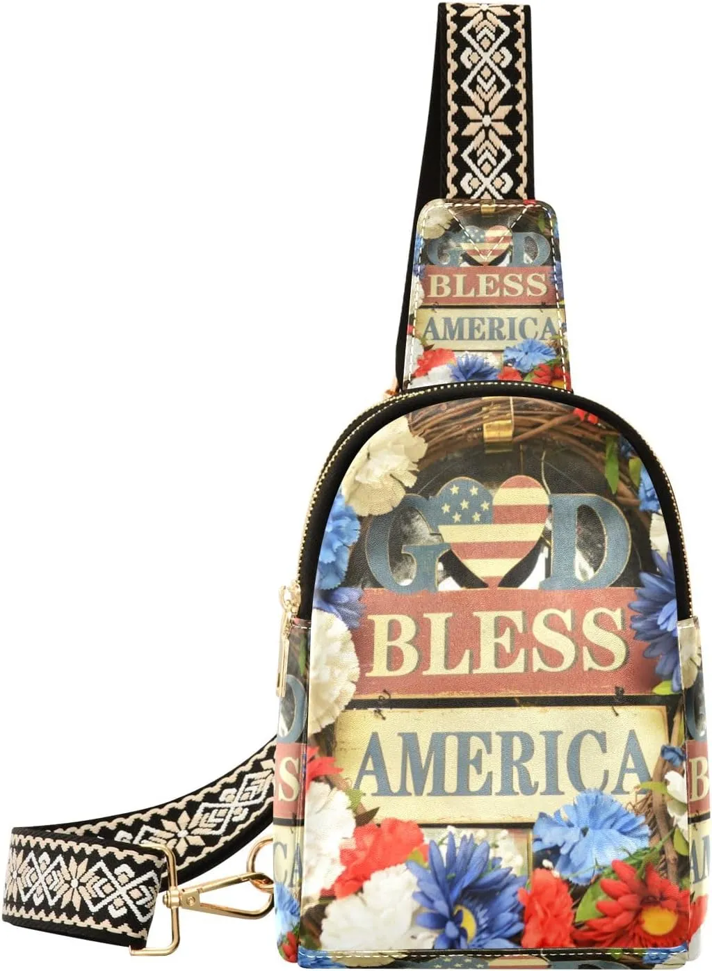 Small Sling Bag Waist Packs Leather Crossbody Packs Chest Bag God Bless America Flower Frame for Women Travel Belt Purse
