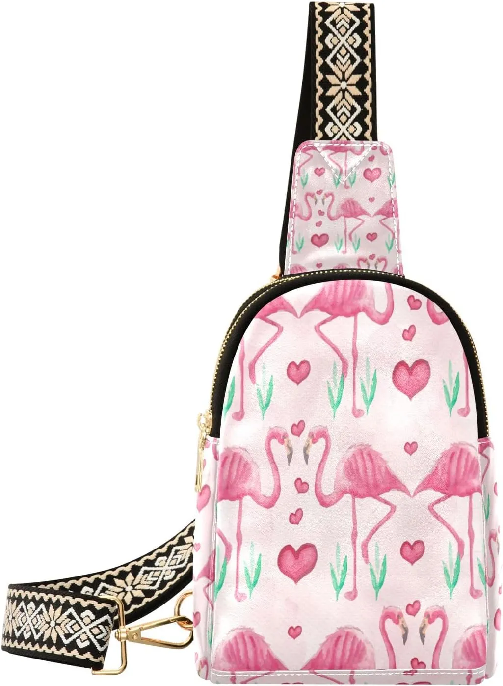 Small Sling Bag Waist Packs Leather Crossbody Packs Chest Bag Green Grass Flamingos for Women Travel Belt Purse