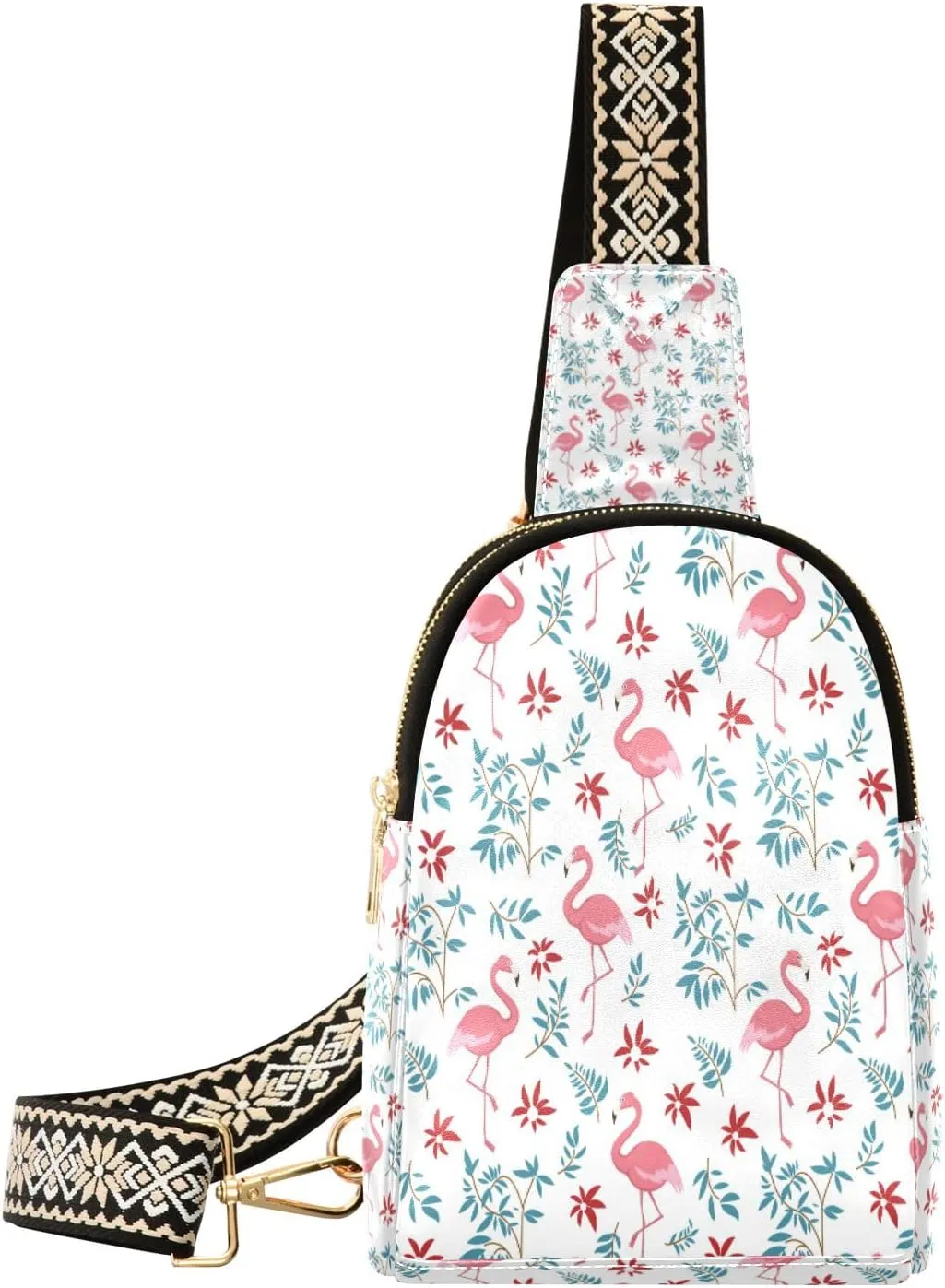 Small Sling Bag Waist Packs Leather Crossbody Packs Chest Bag Green Leaves Flamingos for Women Travel Belt Purse