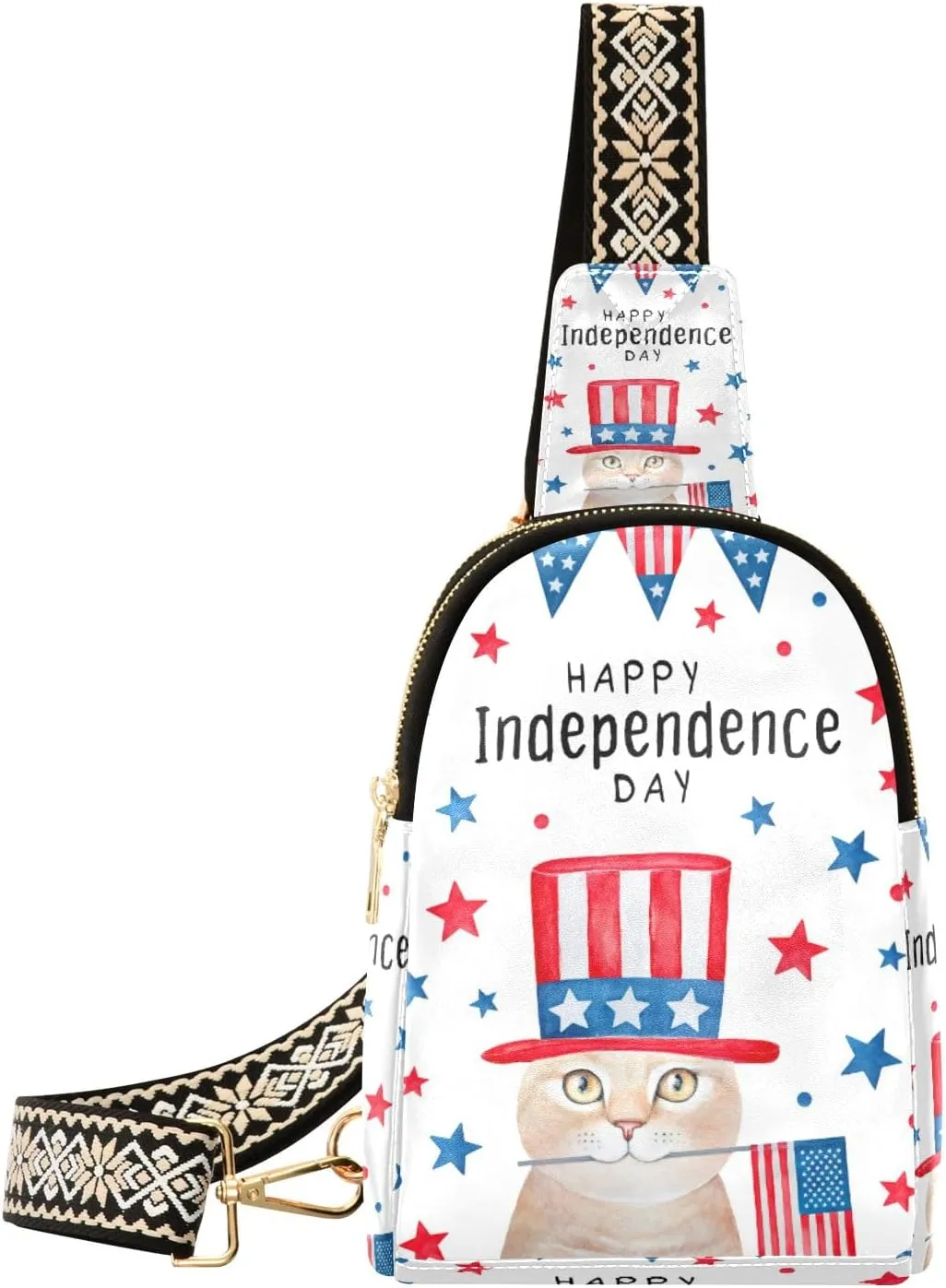 Small Sling Bag Waist Packs Leather Crossbody Packs Chest Bag Happy Independence Day Cute Cat for Women Travel Belt Purse