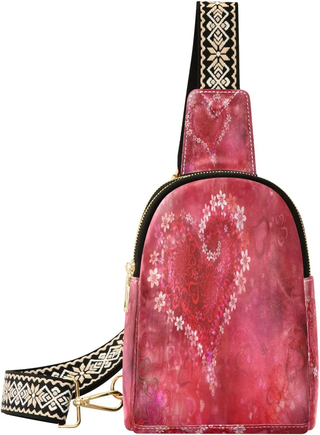 Small Sling Bag Waist Packs Leather Crossbody Packs Chest Bag Happy Valentines Day Floral Heart for Women Travel Belt Purse