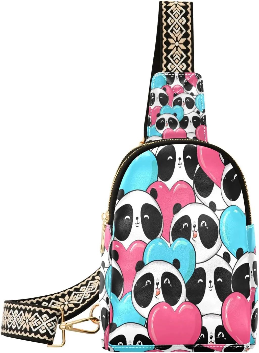 Small Sling Bag Waist Packs Leather Crossbody Packs Chest Bag Loving Heart Panda for Women Travel Belt Purse