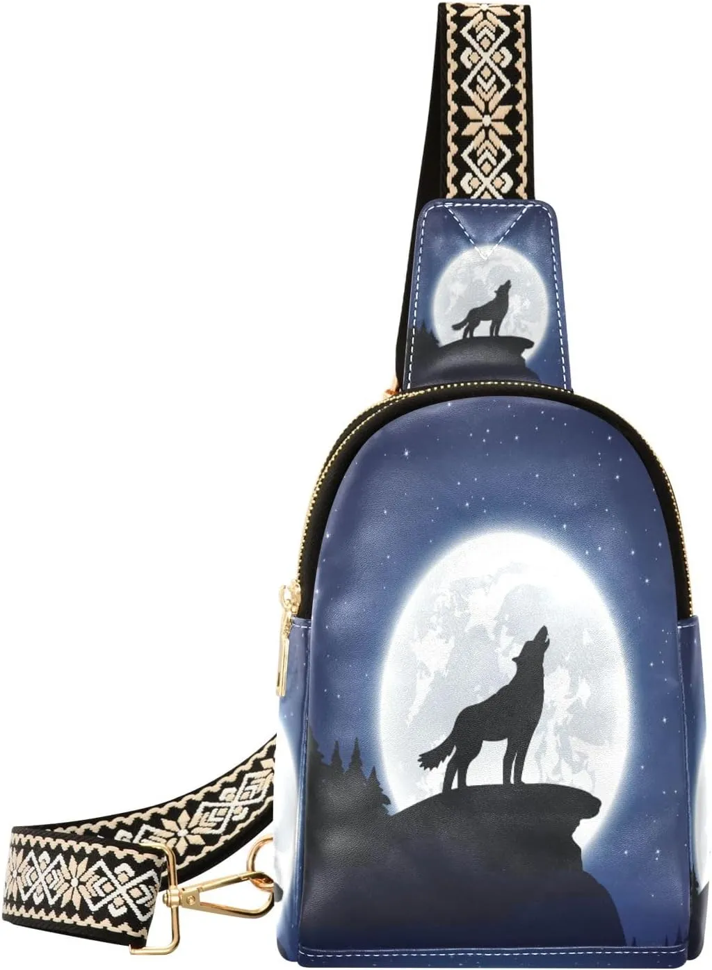 Small Sling Bag Waist Packs Leather Crossbody Packs Chest Bag Moonlight Wolf for Women Travel Belt Purse