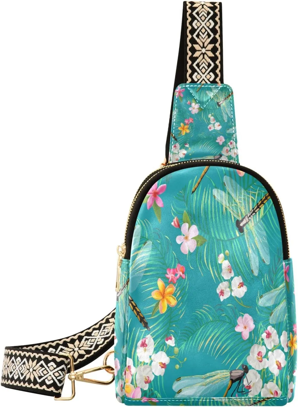 Small Sling Bag Waist Packs Leather Crossbody Packs Chest Bag Palm Tree Leaves and Exotic Flowers for Women Travel Belt Purse