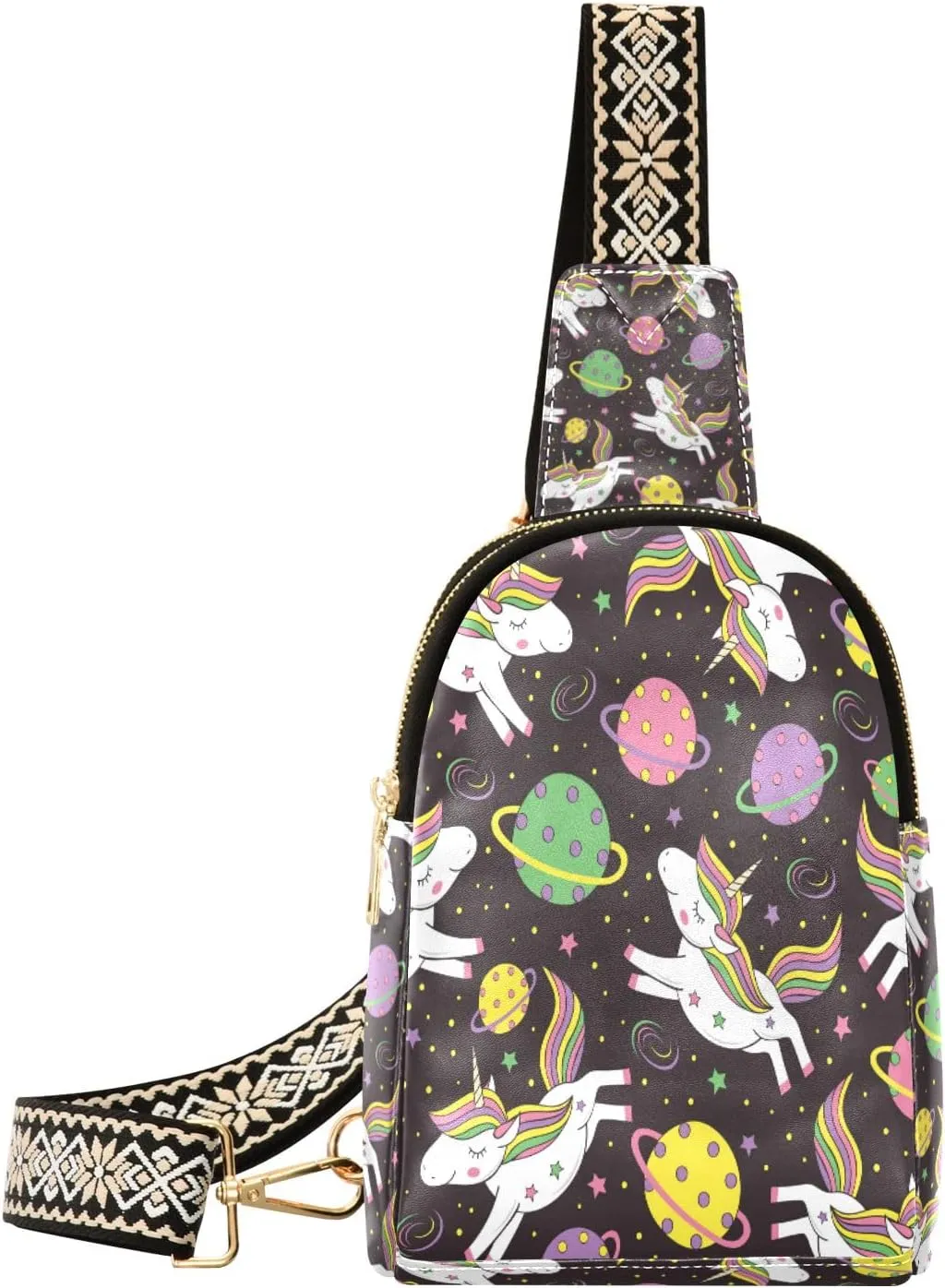 Small Sling Bag Waist Packs Leather Crossbody Packs Chest Bag Planet Unicorn for Women Travel Belt Purse
