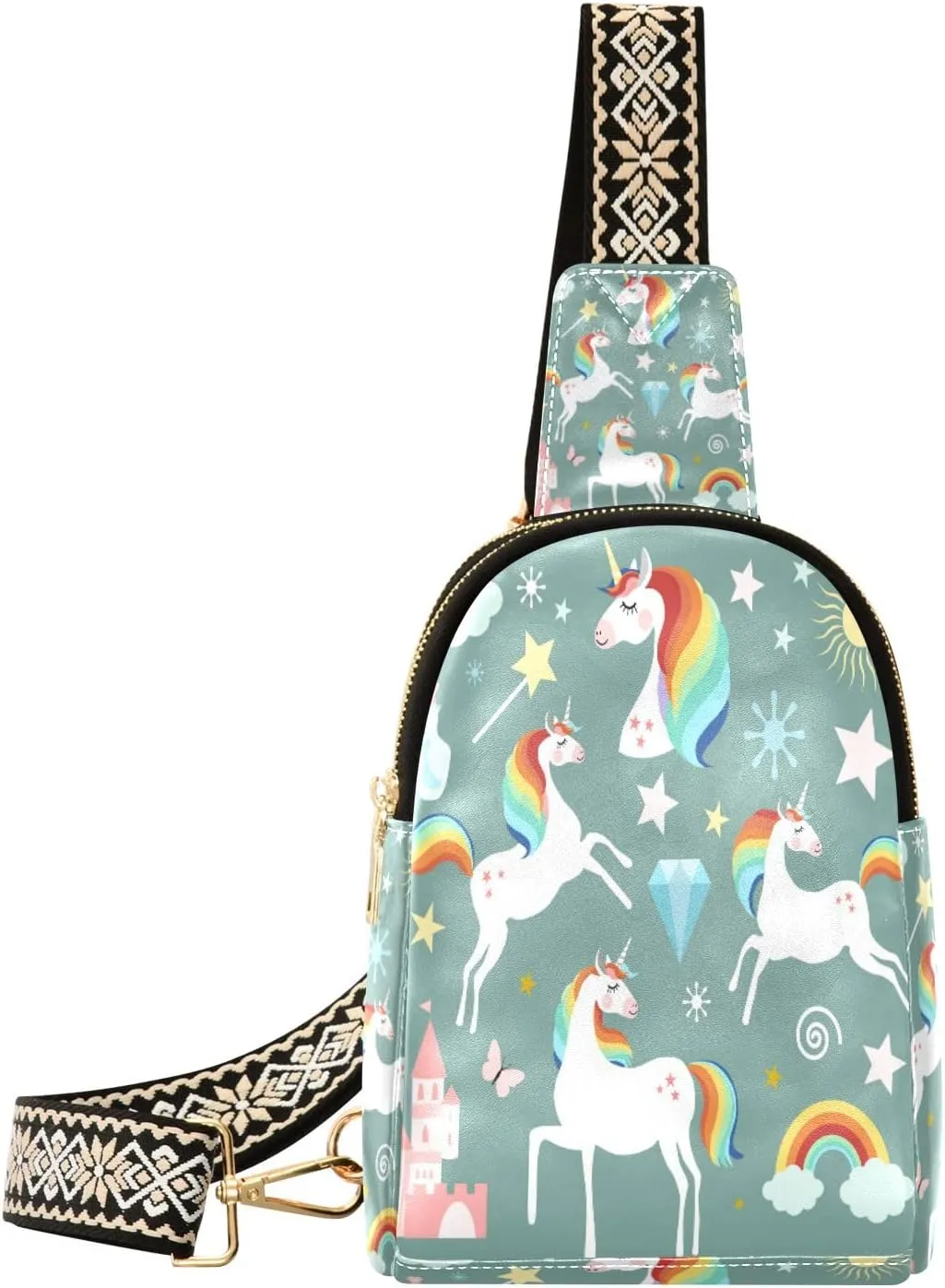 Small Sling Bag Waist Packs Leather Crossbody Packs Chest Bag Rainbow Hair White Unicorn for Women Travel Belt Purse