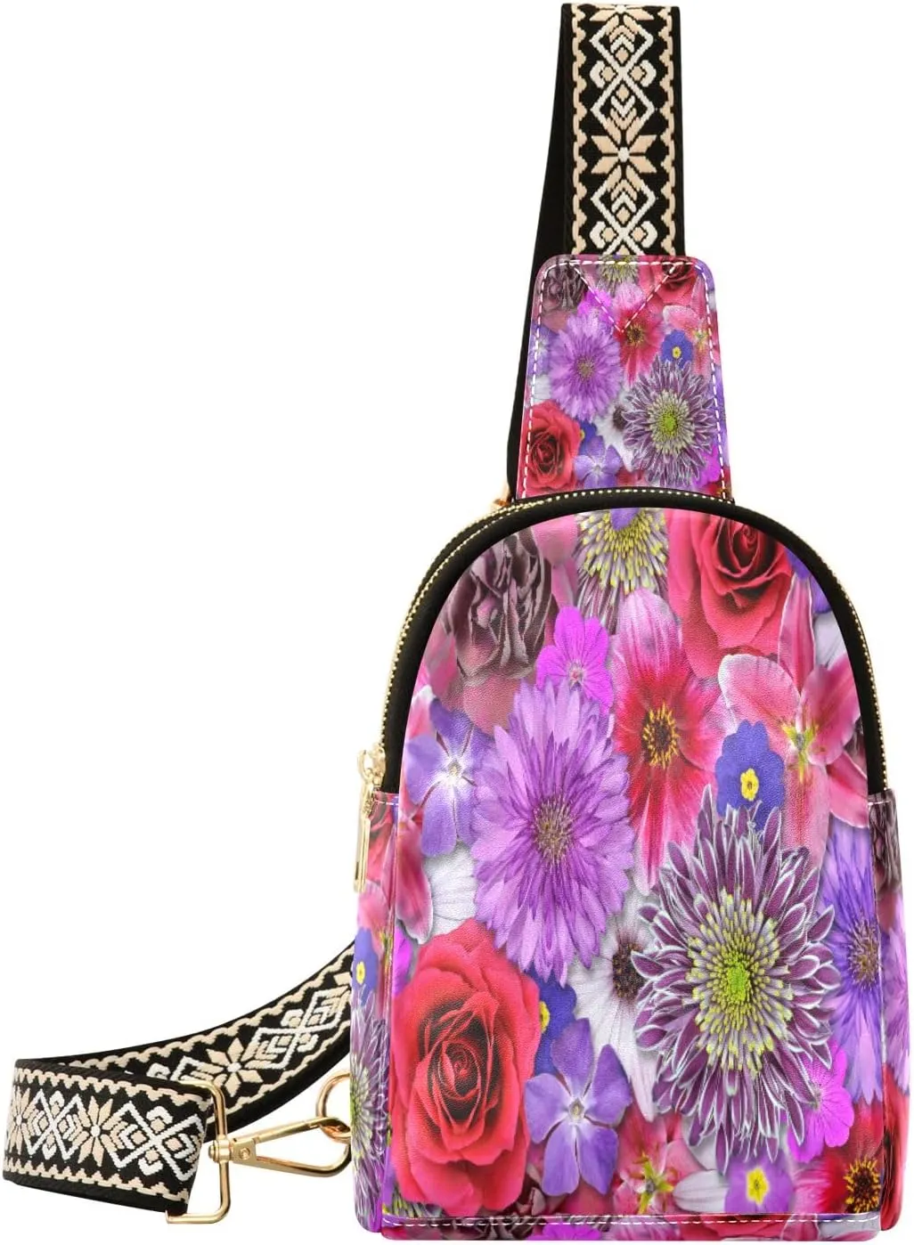 Small Sling Bag Waist Packs Leather Crossbody Packs Chest Bag Red Pink Purple Flower for Women Travel Belt Purse