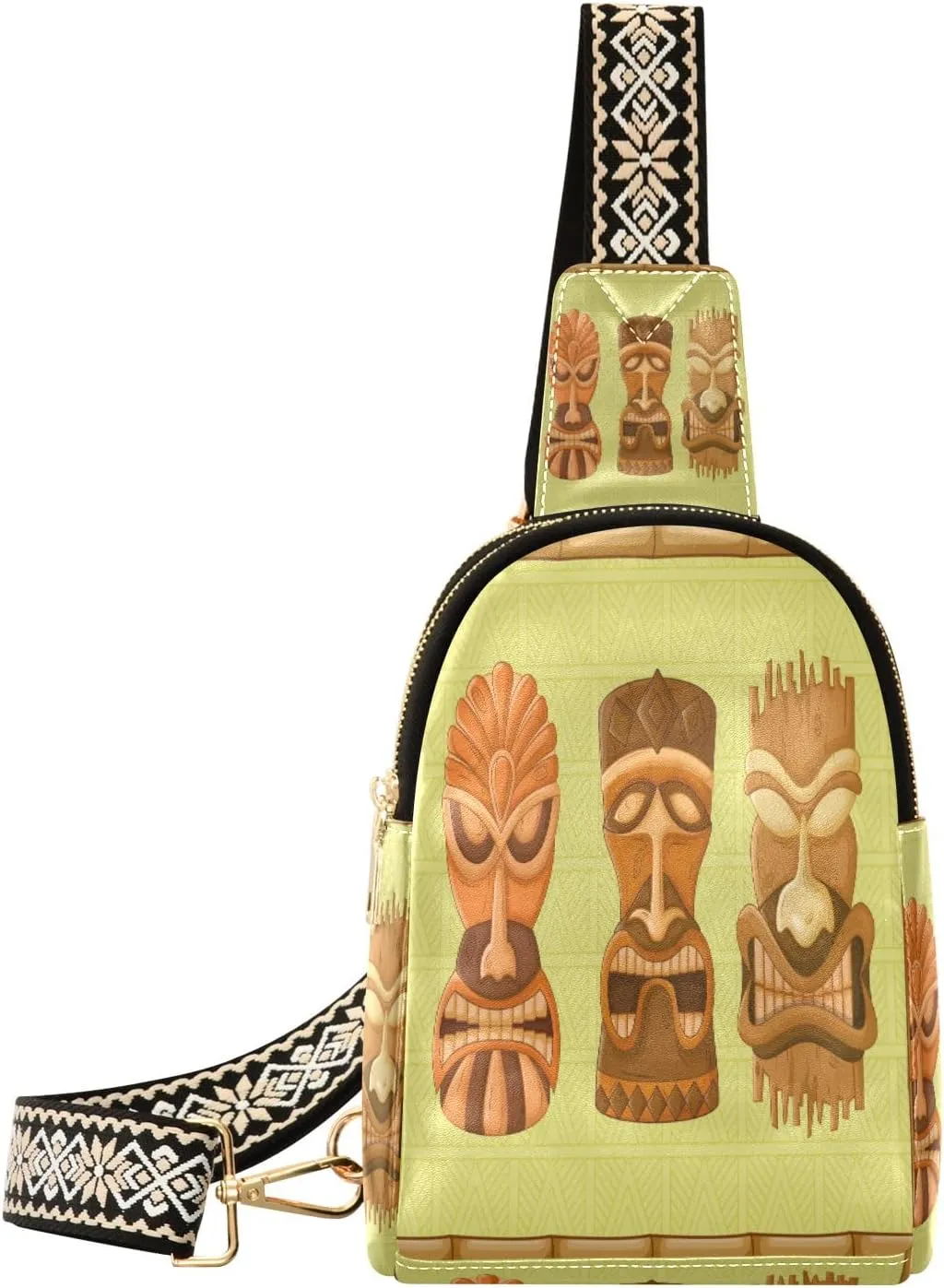 Small Sling Bag Waist Packs Leather Crossbody Packs Chest Bag Tiki Tribal Mask for Women Travel Belt Purse