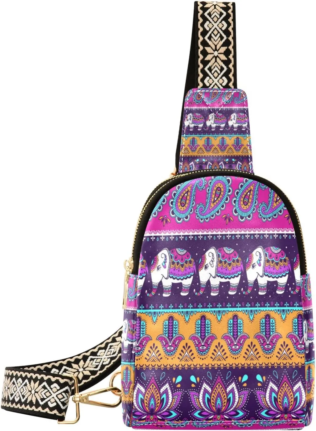 Small Sling Bag Waist Packs Leather Crossbody Packs Chest Bag Tribal Vector Seamless Pattern with Elephant Paisley and Hamsa for Women Travel Belt Purse