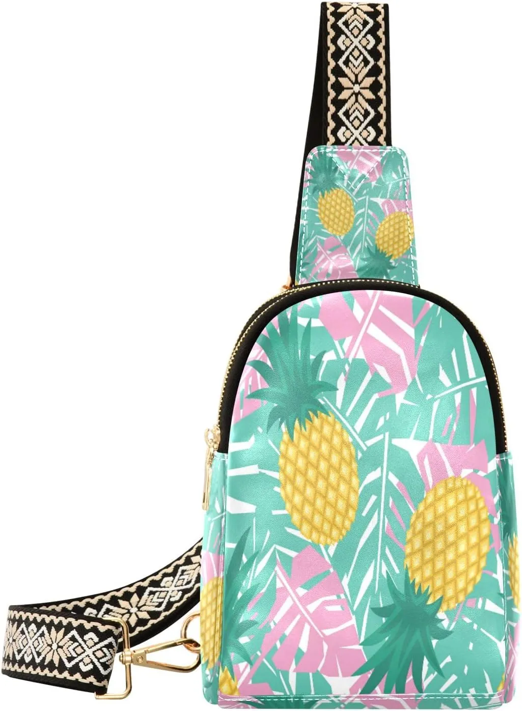 Small Sling Bag Waist Packs Leather Crossbody Packs Chest Bag Tropical Leaves Pineapple for Women Travel Belt Purse