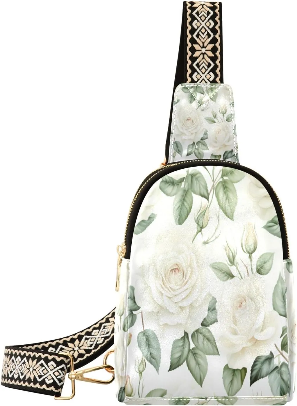 Small Sling Bag Waist Packs Leather Crossbody Packs Chest Bag White Rose for Women Travel Belt Purse