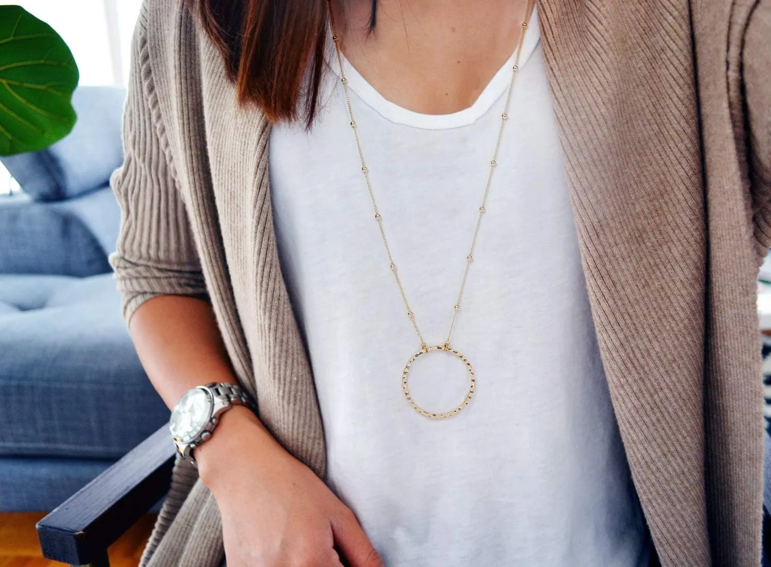 SOFYBJA 18K Gold Plated Circle Pendant Necklace Long Satellite Beaded Chain Jewelry for Women Dainty Hammered Karma Open Circle Charm Geometric Necklace