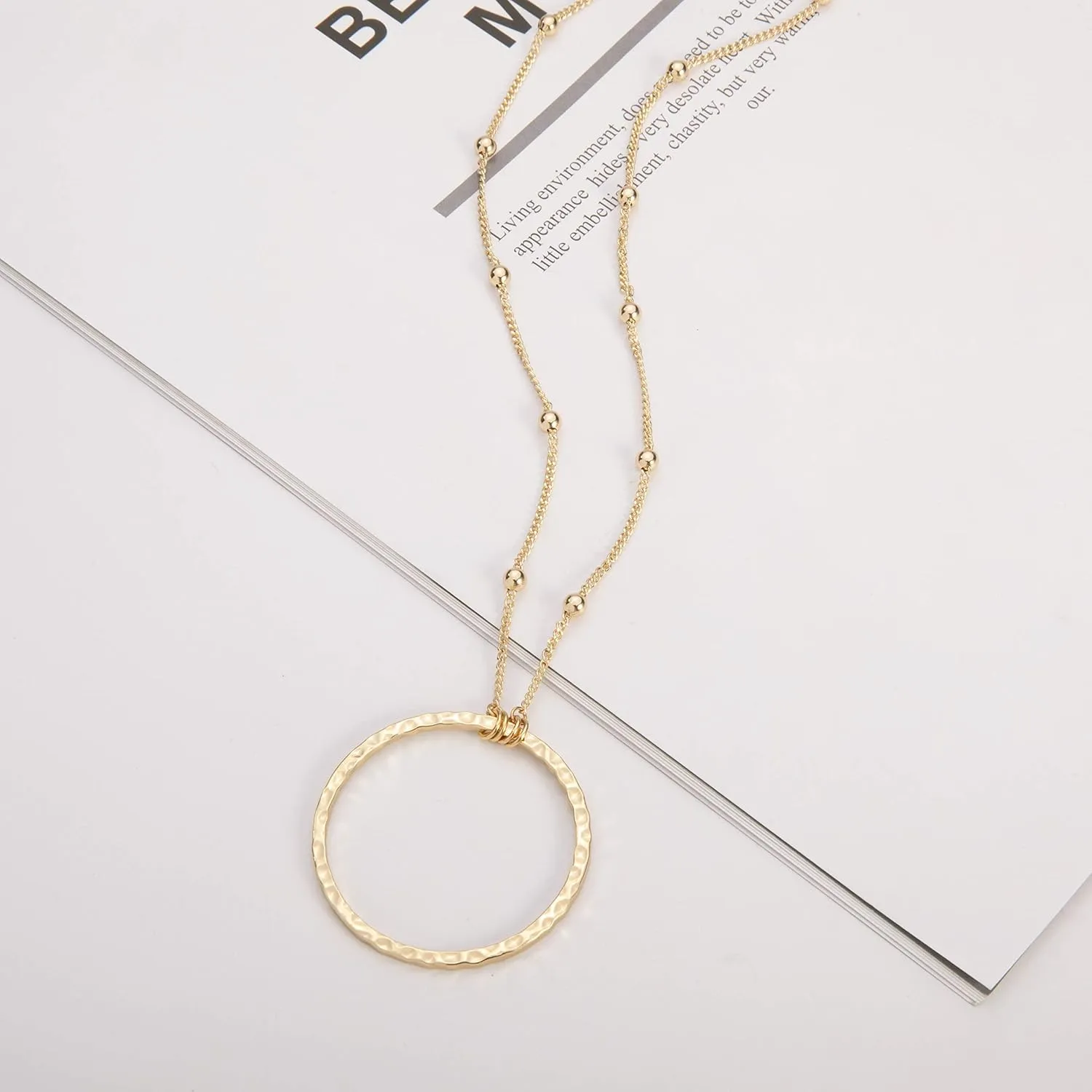 SOFYBJA 18K Gold Plated Circle Pendant Necklace Long Satellite Beaded Chain Jewelry for Women Dainty Hammered Karma Open Circle Charm Geometric Necklace