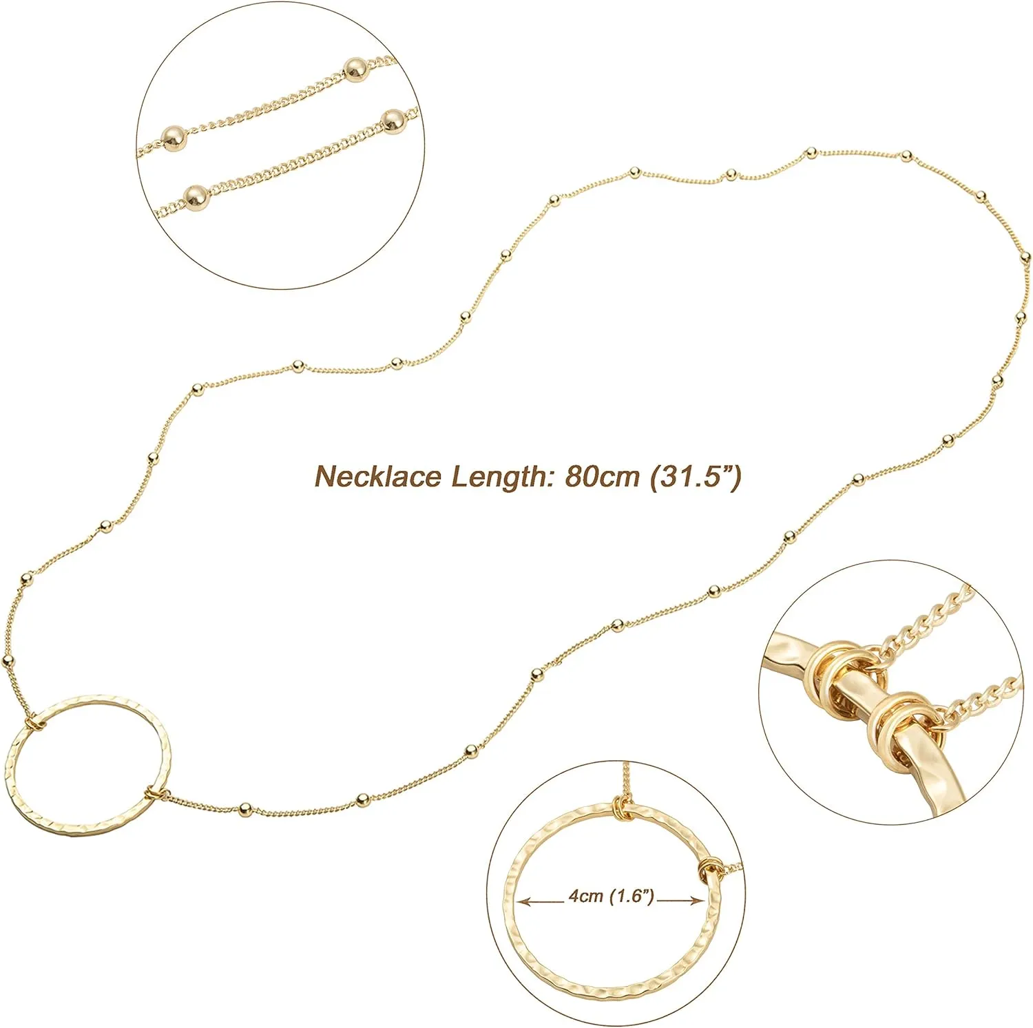 SOFYBJA 18K Gold Plated Circle Pendant Necklace Long Satellite Beaded Chain Jewelry for Women Dainty Hammered Karma Open Circle Charm Geometric Necklace