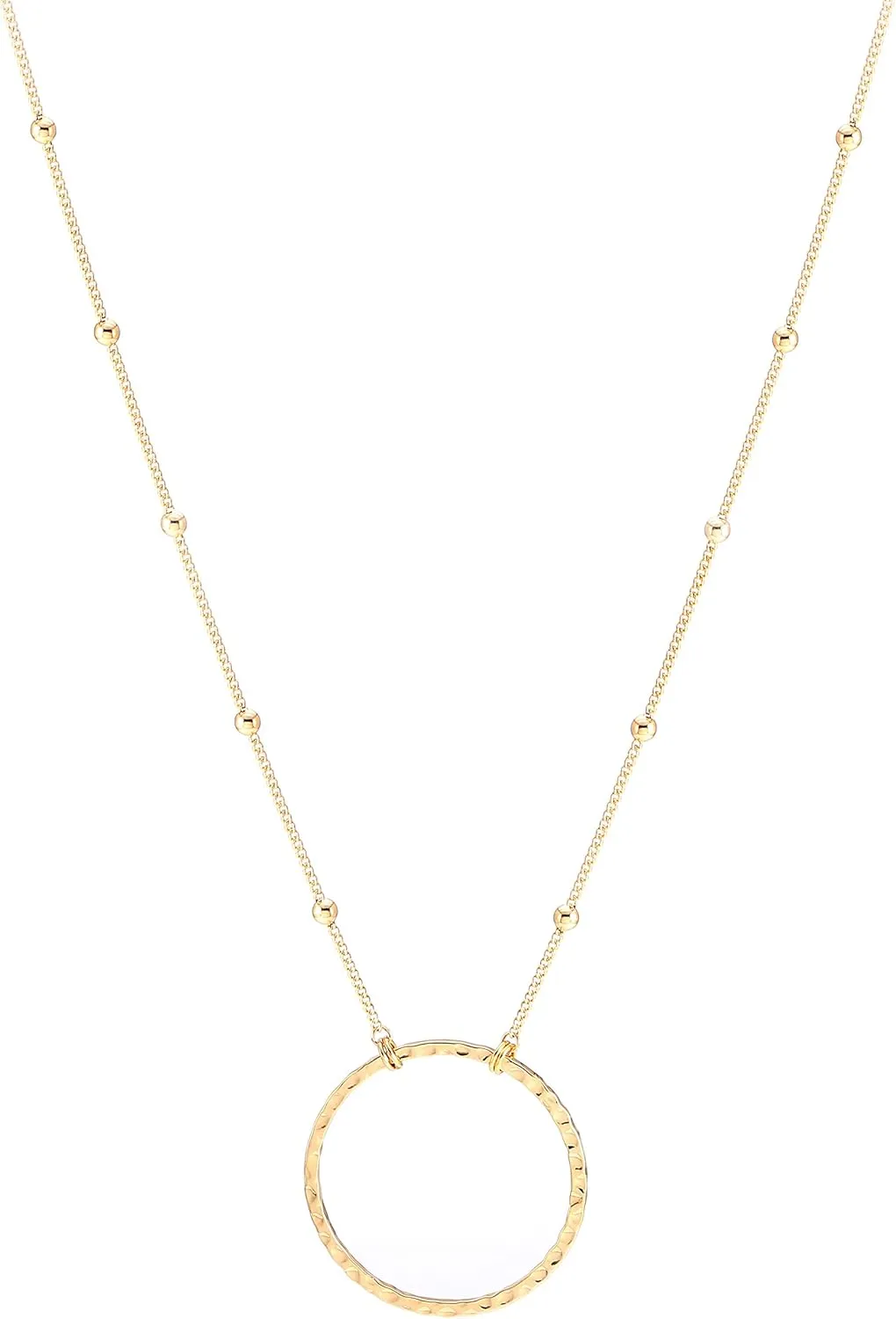SOFYBJA 18K Gold Plated Circle Pendant Necklace Long Satellite Beaded Chain Jewelry for Women Dainty Hammered Karma Open Circle Charm Geometric Necklace