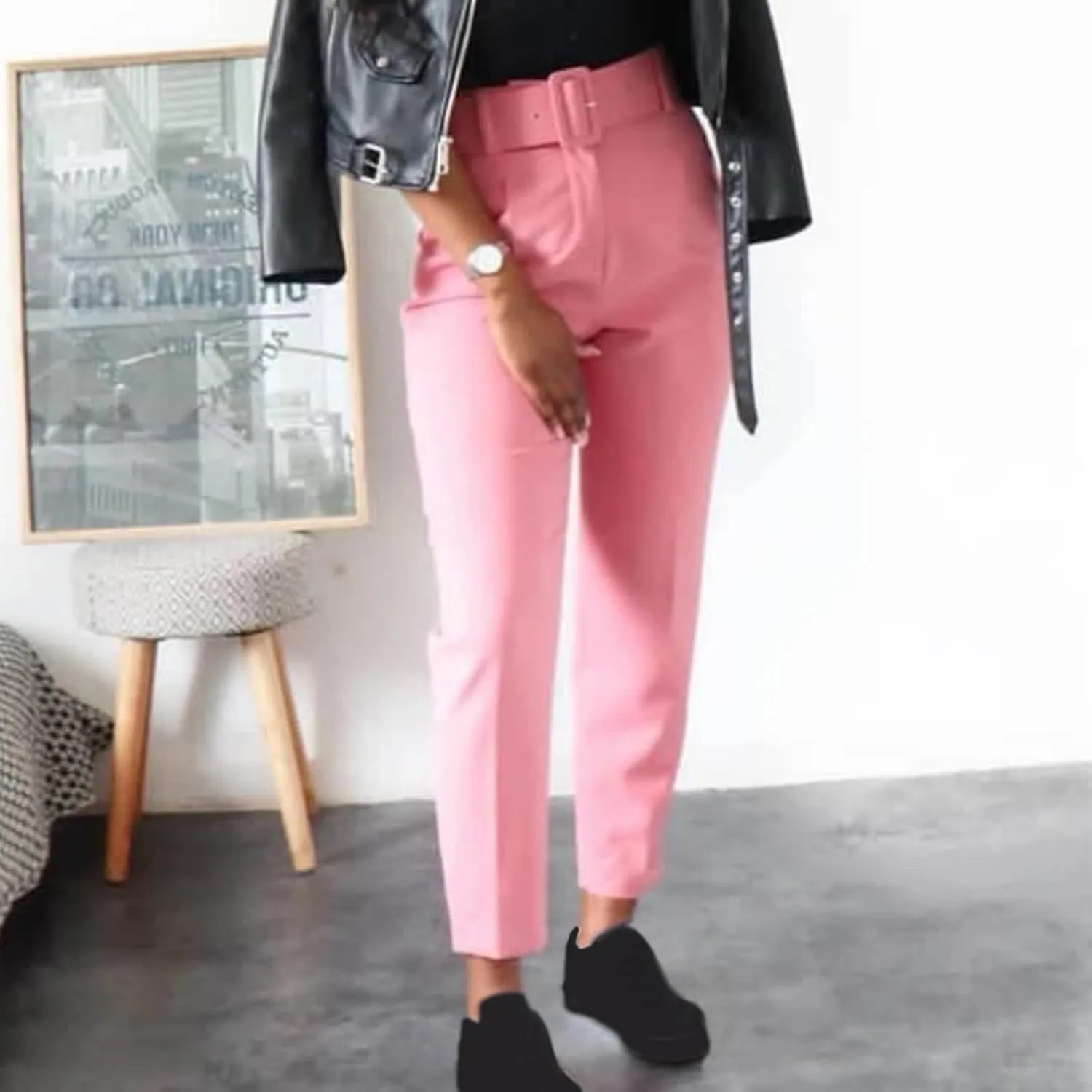 Soild Color Elegant Pantswith Belt for Women High Waist Elastic Trouser with Pocket Straight Legs Long Pants for Work