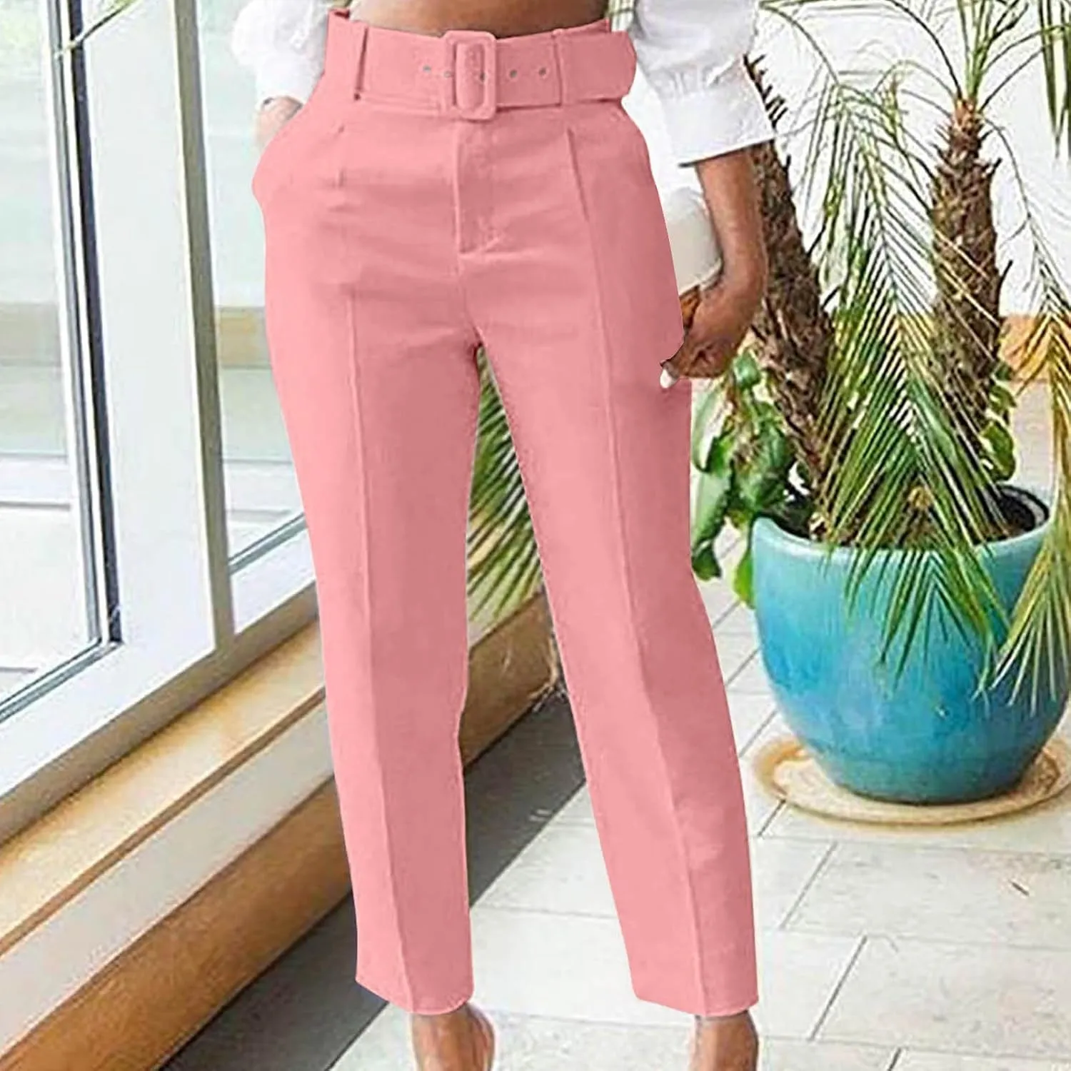 Soild Color Elegant Pantswith Belt for Women High Waist Elastic Trouser with Pocket Straight Legs Long Pants for Work