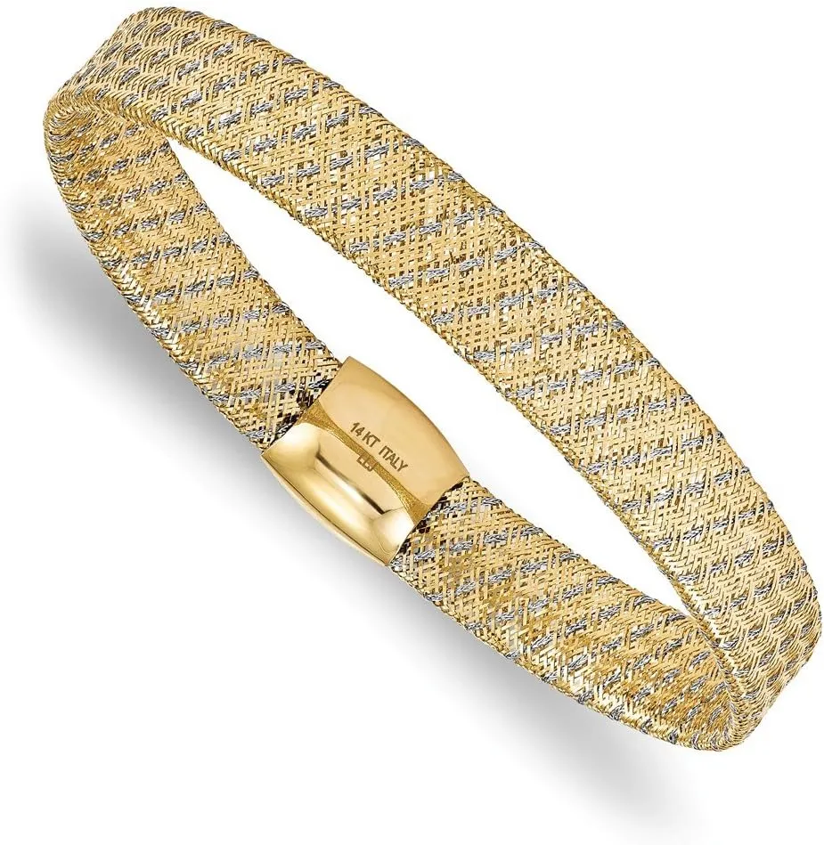 Solid 14k Gold Two-Tone Fancy Stretch Bangle Bracelet 7.5" (9mm)
