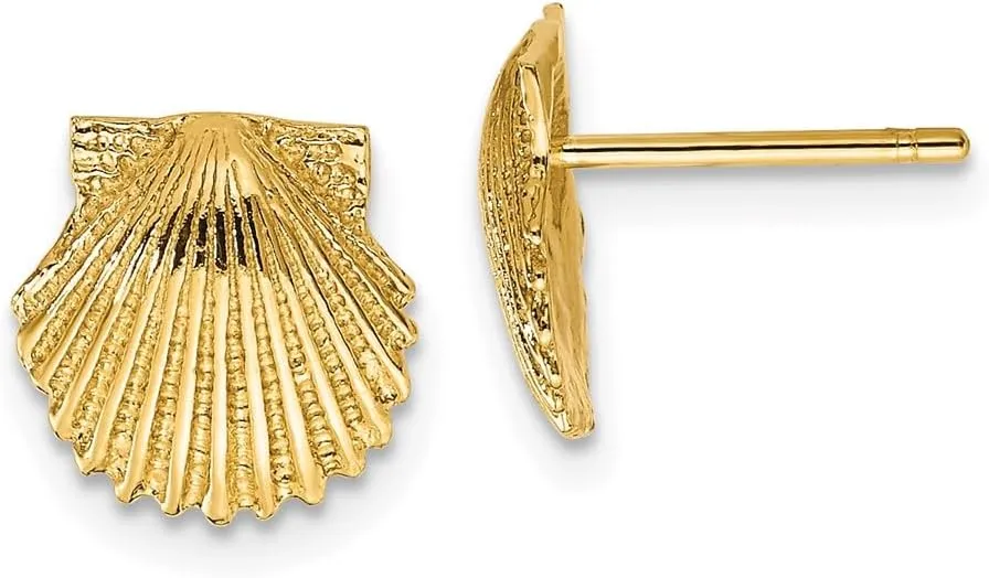 Solid Real 14k Yellow Gold Scallop Shell Post Studs Earrings 9mm