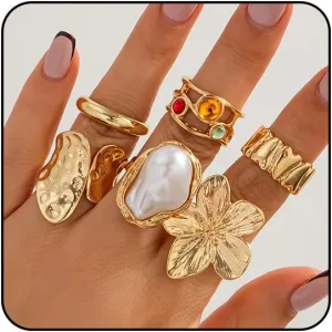 Sora Tuki Chunky Silver Rings for Women Statement Gold Rings Set Non Tarnish Pearl Flower Rings for Women Stackable Knuckle Ring Chunky Jewelry