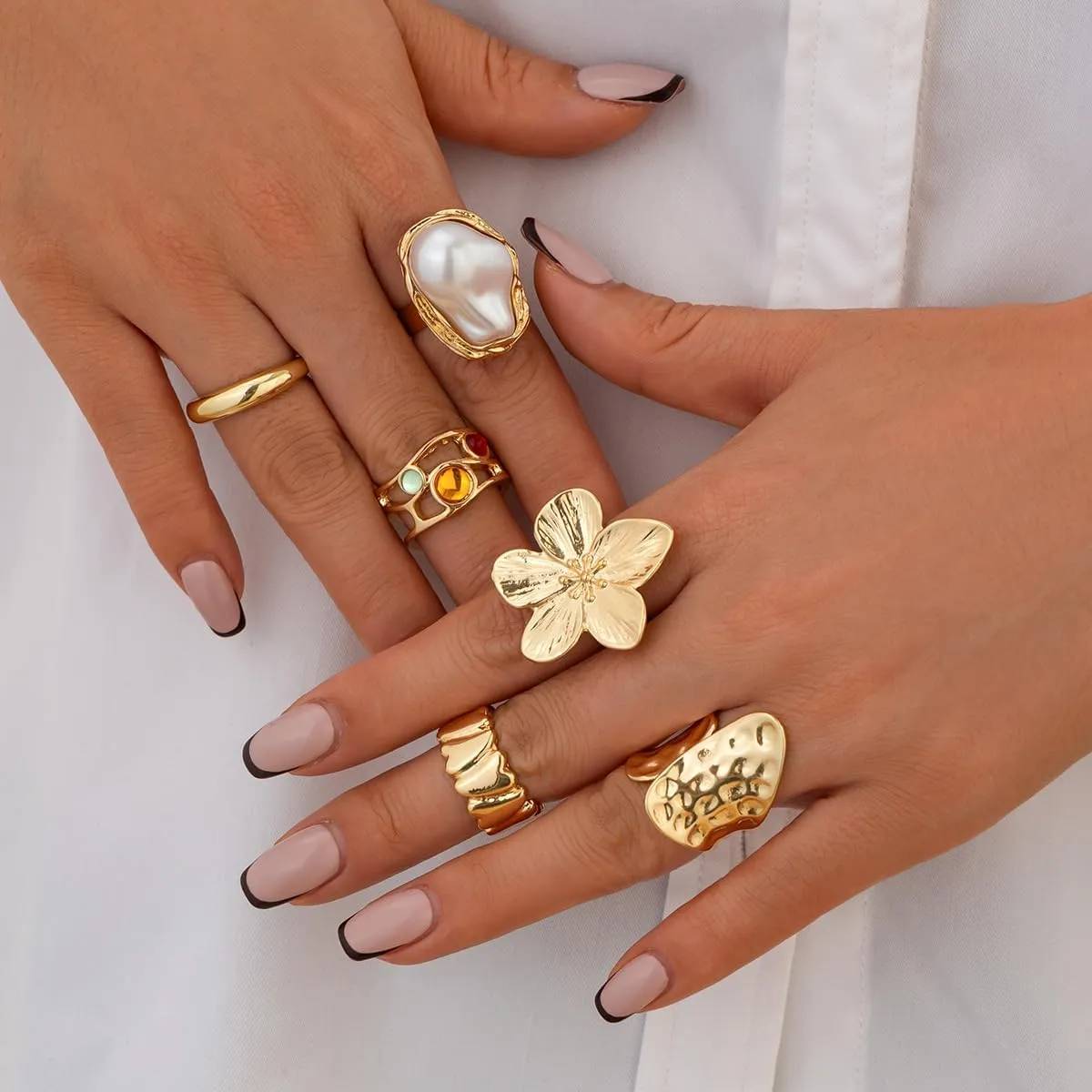 Sora Tuki Chunky Silver Rings for Women Statement Gold Rings Set Non Tarnish Pearl Flower Rings for Women Stackable Knuckle Ring Chunky Jewelry