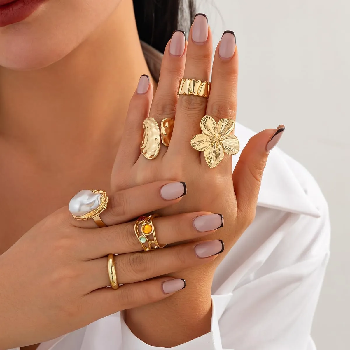 Sora Tuki Chunky Silver Rings for Women Statement Gold Rings Set Non Tarnish Pearl Flower Rings for Women Stackable Knuckle Ring Chunky Jewelry