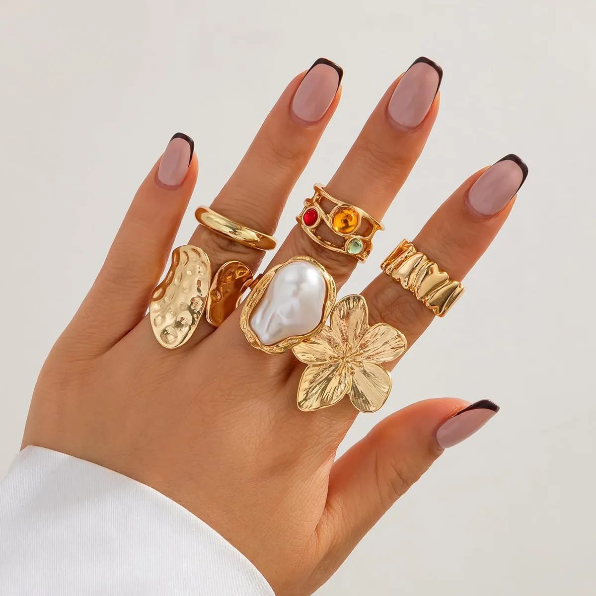 Sora Tuki Chunky Silver Rings for Women Statement Gold Rings Set Non Tarnish Pearl Flower Rings for Women Stackable Knuckle Ring Chunky Jewelry