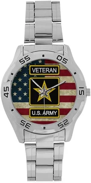 Special Design Military US Army Veteran and American Flag Custom Men's Stainless Steel Analog Watch Sliver Metal Case, Tempered Glass
