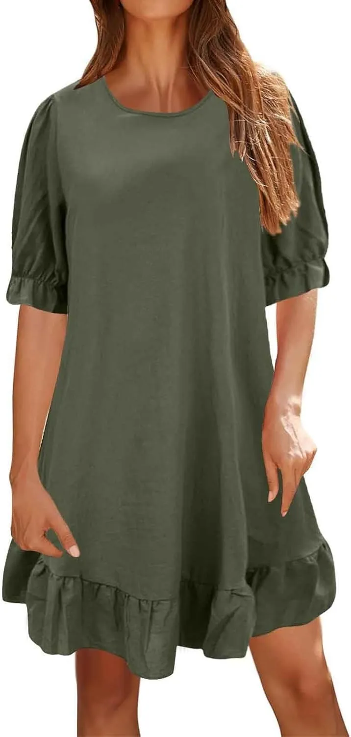 Spring Dresses for Women 2024 Midi Fashion Solid Retro Cotton and Linen Mid Sleeve Round Neck Short Sleeve Dress for Women