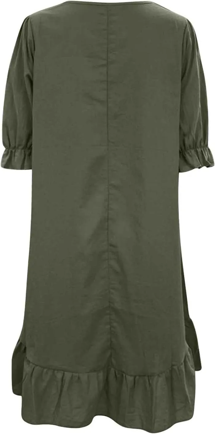 Spring Dresses for Women 2024 Midi Fashion Solid Retro Cotton and Linen Mid Sleeve Round Neck Short Sleeve Dress for Women
