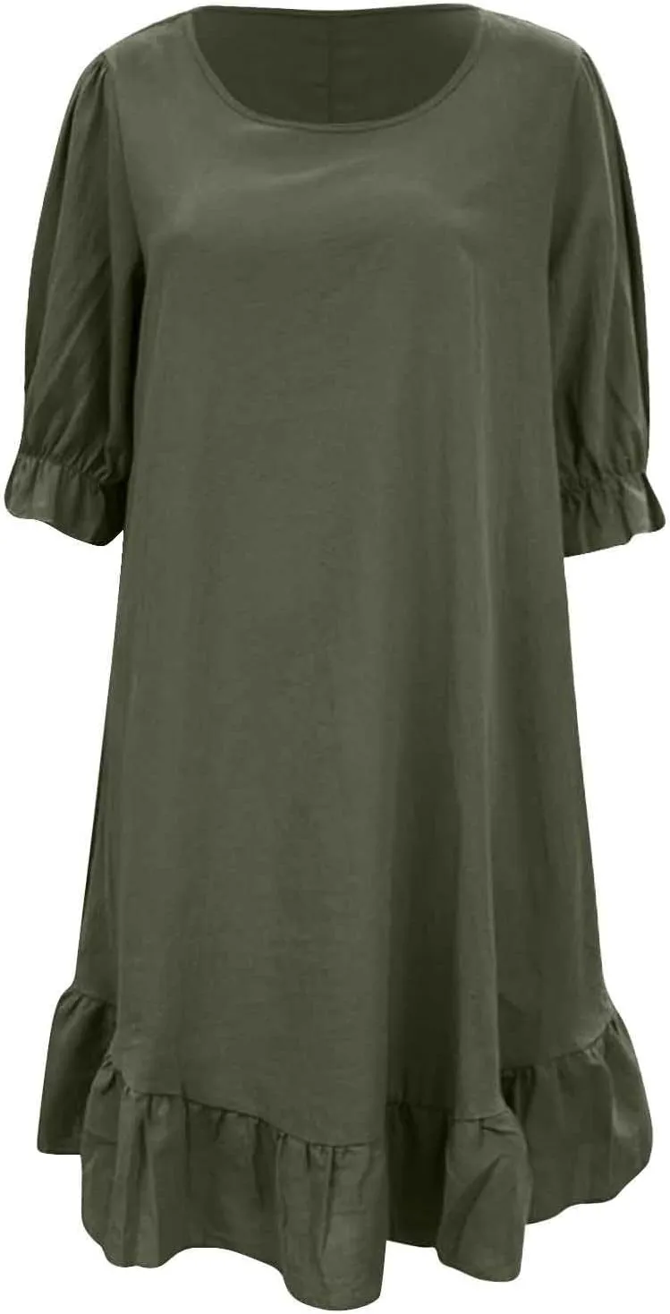 Spring Dresses for Women 2024 Midi Fashion Solid Retro Cotton and Linen Mid Sleeve Round Neck Short Sleeve Dress for Women