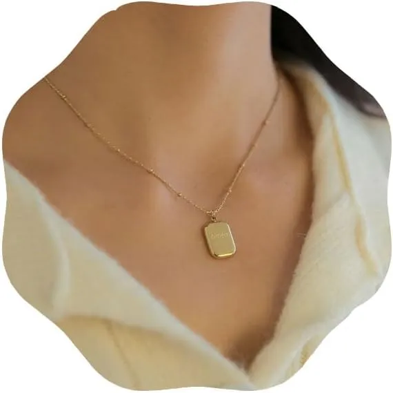 Square Letter Necklace Rectangle Necklace Gold Square Necklaces Square Plate Necklace Simple Gold Beaded Necklaces Beaded Station Gold Chain Jewelry for Women.