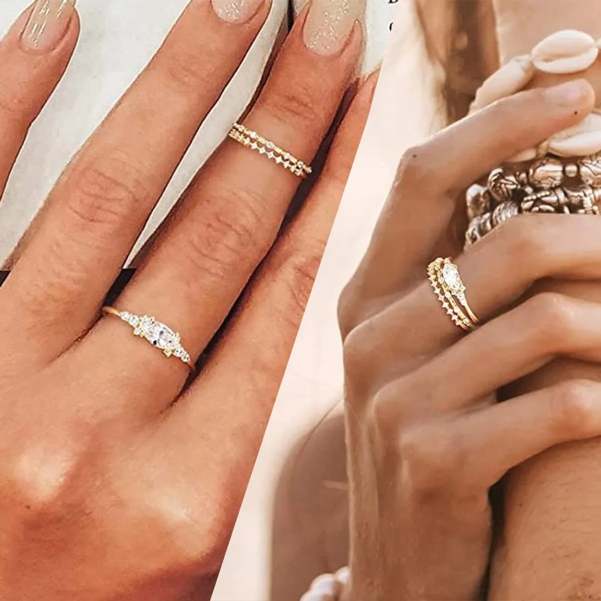 Stackable Gold Rings for Women Set Dainty 14K Trendy Gold Plated Non Tarnish Stacking Cubic Zirconia Fashion Ring Jewelry Size 6 7 8 9 10